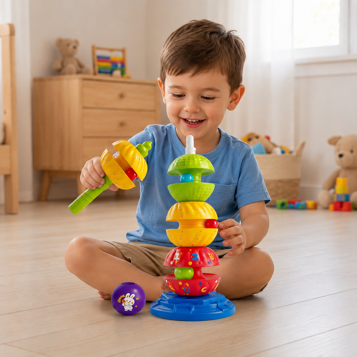 2-in-1 Interactive Rotating Stack & Ball Drop Tower with Rattle for Kids