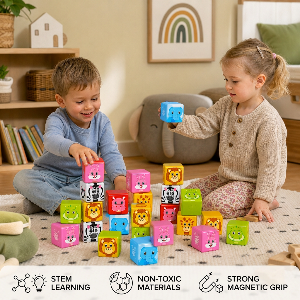 Toddler-Safe 4.2 cm Safari Animal Magnetic Building Cubes – STEM Learning Blocks