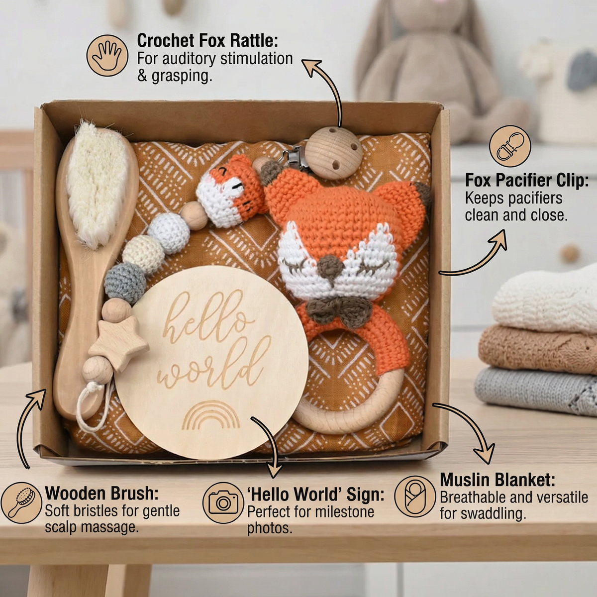 Newborn Gift Box – Crochet Animal Rattle, Wooden Toy, Muslin Blanket & Pacifier Clip