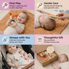 Newborn Gift Box – Crochet Animal Rattle, Wooden Toy, Muslin Blanket & Pacifier Clip