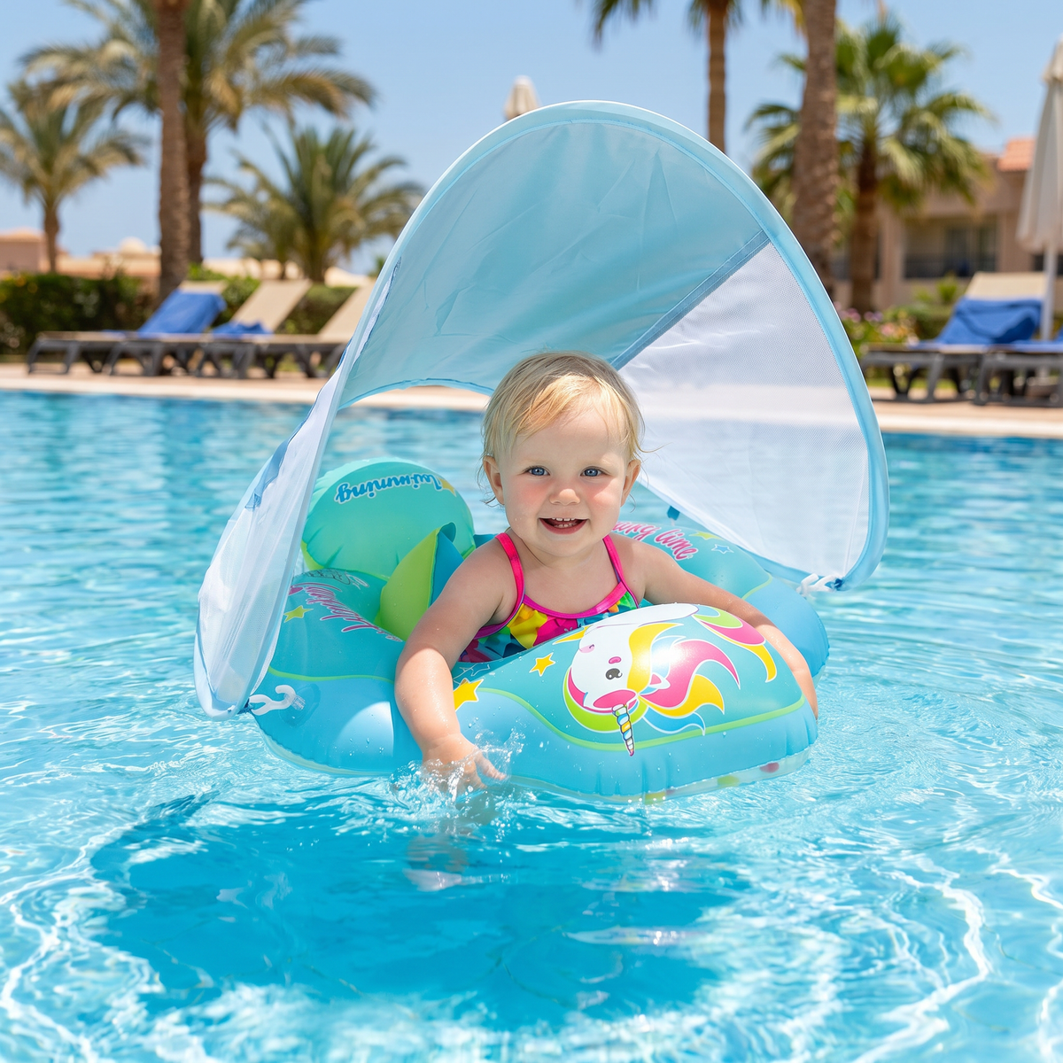 Baby Swim Float with Sun Canopy & Safety Seat – Inflatable Pool Float for Babies