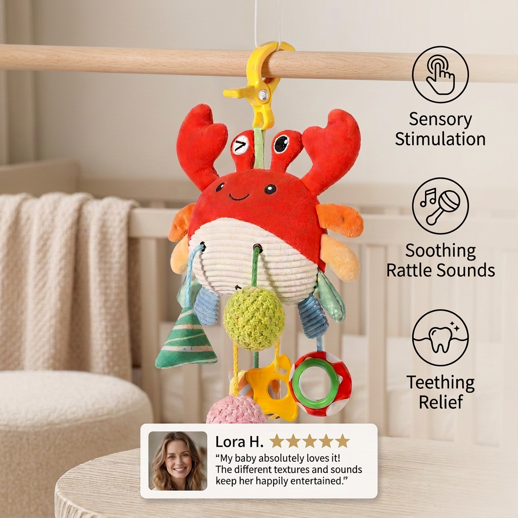 Crab Activity Toy with Pull Cord, Rattle & Teether for Babies