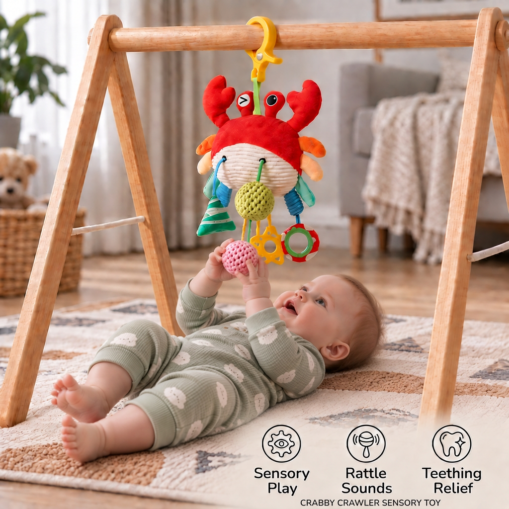 Crab Activity Toy with Pull Cord, Rattle & Teether for Babies